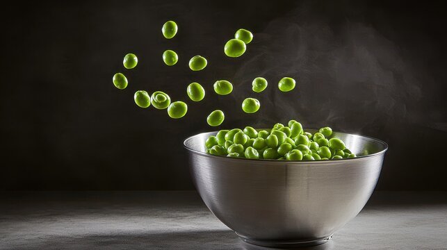 Peas rolling bowl green cascading stainless steel mixing dynamic flow falling fresh vegetables kitchen backdrop professional lighting motion capture