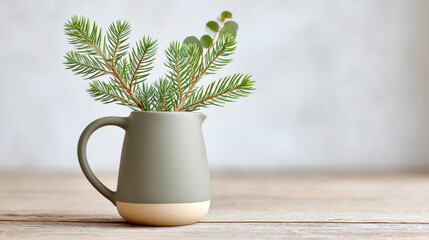 Rustic ceramic jug with fir branches and eucalyptus leaves on wooden surface