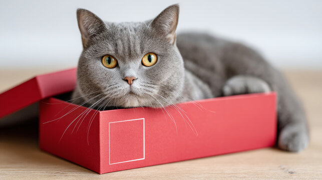 Gray cat relaxing in red branded gift box with logo tag for holiday surprise