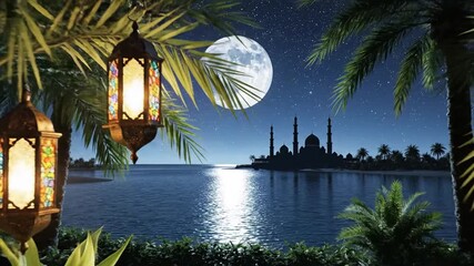 Evening scene with hanging lanterns palm trees full moon over water and mosque silhouette