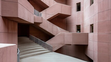 A modern architectural design featuring a staircase with geometric shapes and a unique color palette. The image captures the interplay of light and shadow.