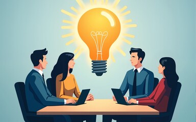 Team of professional people talking over the meeting. light bulb as a symbol of new idea and finding solution. Developing, taking a risk, support and solving the problem business concept illustration.