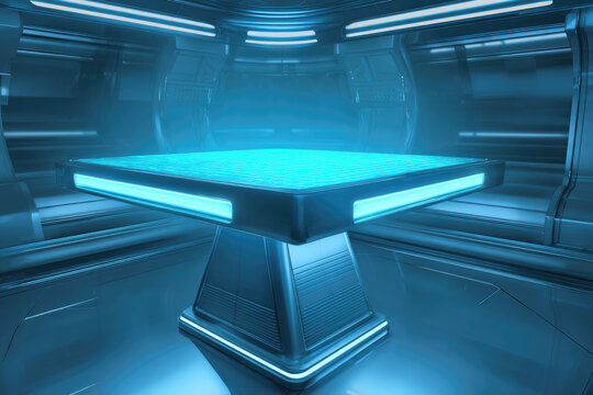 Futuristic Sci-Fi Room with Glowing Blue Table Interface