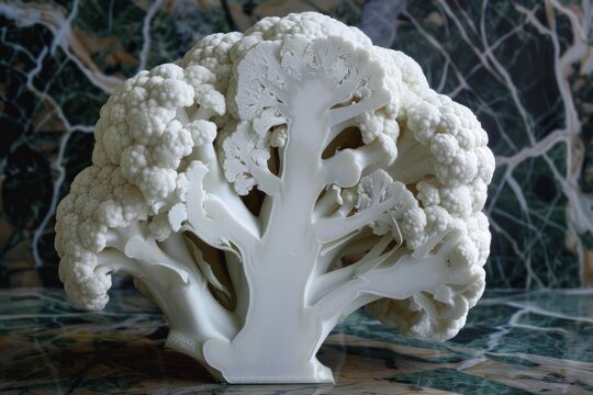 Cross section of a cauliflower revealing its intricate fractal patterns, resting on a marble surface