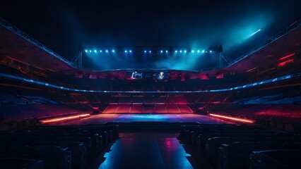Stadium Ready for Event With Colorful Lighting and Empty Seats in Evening