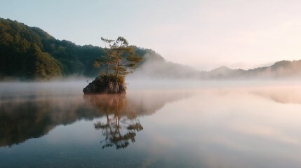 Misty morning landscape with a lone tree on an island near a calm lake