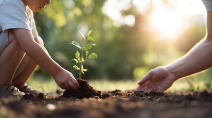 Child and adult planting a young tree during sunset in a green park