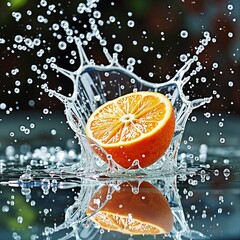 Orange slice splashing in water with droplets against blurred background  