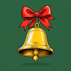 Gleaming golden bell adorned with a vibrant red bow, set against a lush green background, evoking a festive holiday ambiance ideal for Christmas celebrations.