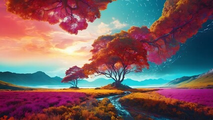 Vibrant Sunset Landscape With Colorful Trees and Flowing River in a Serene Valley Scene