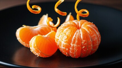 Fresh orange tangerine with peeled segments on black plate  