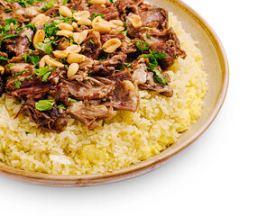 Flavorful dish of spiced rice and tender meat garnished with peanuts