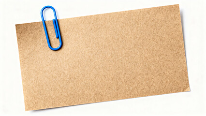 Brown kraft paper sheet attached with blue paper clip on white background, simple stationery layout for notes or messages