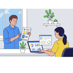 Man presenting document to woman working on laptop in office setting.