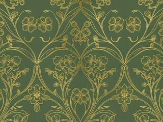 Fototapeta premium Elegant floral design repeating pattern with gold details on a green background