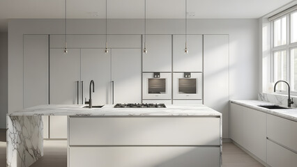 Waterfall Marble Nordic Kitchen. Perfect for: Builders, developers, luxury interior sets