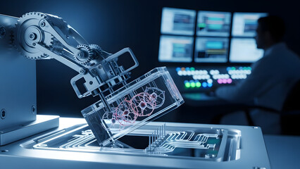 Robotic Arm Assembling Transparent Gear Device in Tech Lab