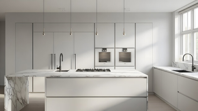 Waterfall Marble Nordic Kitchen. Perfect for: Builders, developers, luxury interior sets