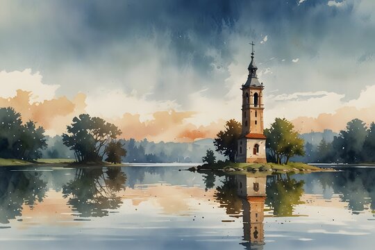 Reflection of a bell tower in a calm lake