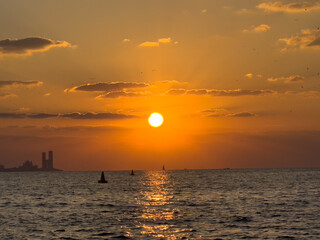 Beautiful sunset over ocean with distant Dubai skyline and birds in silhouette