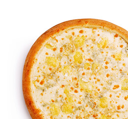 Delicious cheese pizza topped with fresh ingredients sits on a white background