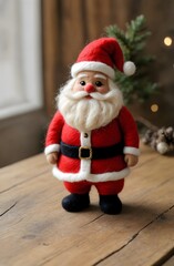 Handcrafted Needle-Felted Santa Claus on a Wooden Table, Surrounded by Festive Christmas Decorations with Blurred Background Emphasizing Intricate Details and Vibrant Colors