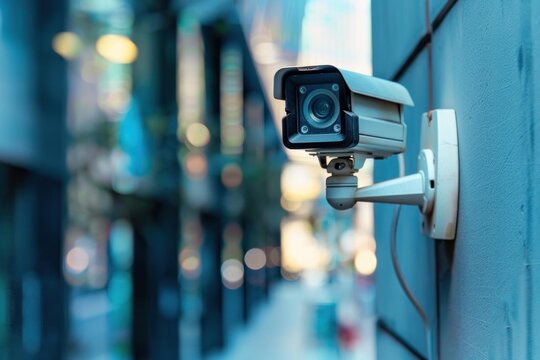 Modern security camera capturing footage of a bustling city street at dusk, ensuring safety and surveillance