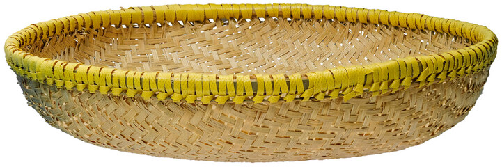 Low Angle View of Traditional Sundanese Indonesian Woven Bamboo Sieve, Ayakan, with Yellow Rim, Wengku Cord in Transparent Background