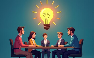 Team of professional people talking over the meeting. light bulb as a symbol of new idea and finding solution. Developing, taking a risk, support and solving the problem business concept illustration.