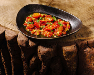 Delicious tomato and vegetable dish served in a stylish bowl on a wooden table