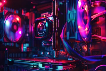 Close up of illuminated computer components, highlighting advanced technology and customization