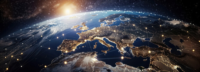 Global Network Connection: The image captures the globe from space, highlighting a network of interconnected points of light, symbolizing global communication and technological advancement.