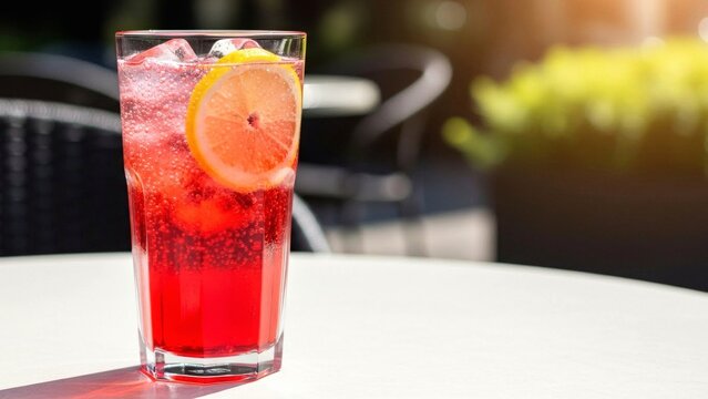 Refreshing red drink with lemon slice and ice cubes on a white t - Powered by Adobe