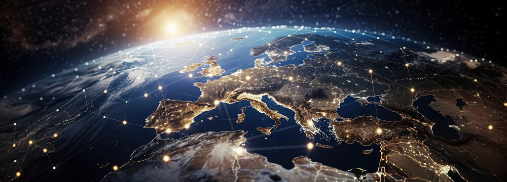 Global Network Connection: The image captures the globe from space, highlighting a network of interconnected points of light, symbolizing global communication and technological advancement.