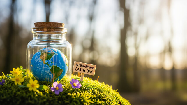 Earth in glass jar, celebrating International Earth Day with a touch of nature, copy space