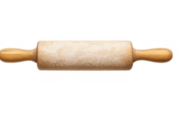 Wooden rolling pin covered in flour for baking and cooking dough ingredients, isolated with a transparent background