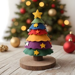 Festive Felt Christmas Tree Adorned with Colorful Ornaments and Twinkling Lights on a Wooden Stand, with Blurred Background Highlighting the Decorations