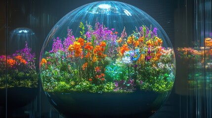 Vibrant Floral Display Encased in a Glass Sphere - A Botanical Art Piece.
