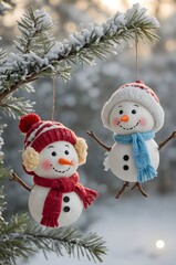 Two Adorned Snowmen Hanging from a Snow-Covered Tree Branch with Caps and Scarves in a Soft Focus Wintery Atmosphere