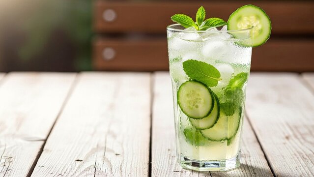 Refreshing cucumber and mint infused water with ice cubes on rus