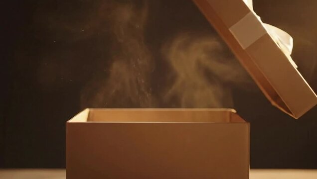 Mysterious Steam Rising from Open Cardboard Box on Dark Background