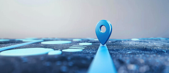 Navigational Landmark: A luminous blue location pin, rendered in captivating 3D, stands poised at the start of a digital pathway, emphasizing direction, pinpoint accuracy, and the allure of discovery.