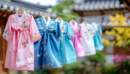 Colorful children's hanbok traditional Korean dresses hanging on a clothesline outdoors with traditional buildings in the background.