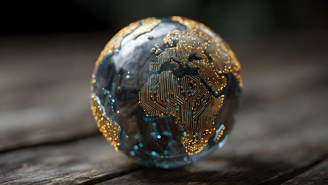 A detailed macro close-up of a small glass globe showing continents as golden electronic circuit boards, symbolizing global technology and connection