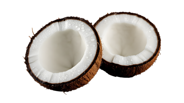 Freshly halved coconut with water droplets, a tropical delight for healthy eating and exotic recipes, ideal for summer refreshments and wellness promotions