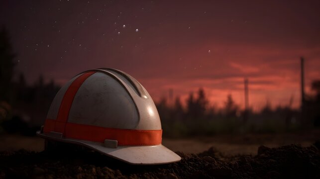 A hard hat sits on the ground against a dramatic crimson sunset sky with visible stars and silhouetted trees