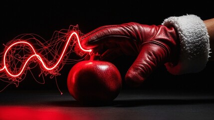 Red pomegranate held by gloved hand with light effects on dark background  