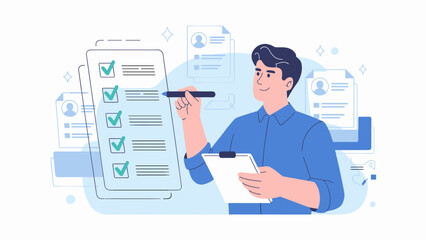 man with a clipboard completing a checklist, vector illustration for task management, recruitment agencies, compliance training