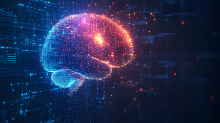 Digital representation of a glowing human brain made of particles