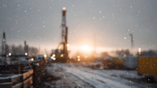 An industrial drilling rig operates in a snowy winter landscape at dusk with falling snow
